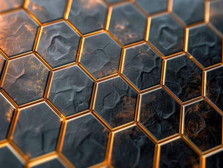 Luxury hexagonal abstract black metal background with golden light linesの素材
