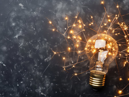 creativity startup business ideas concept with glow light bulb on black backgroundの素材