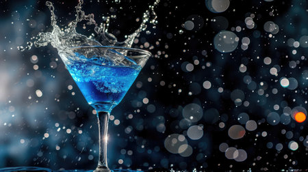 Blue cocktail with splashing water on the black background. Party club entertainment. Mixed lightの素材