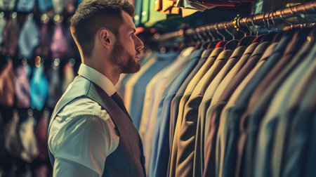 Businessman in classic vest against row of suits in shopの素材