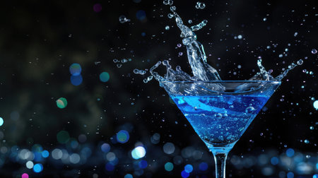 Blue cocktail with splashing water on the black background. Party club entertainment. Mixed lightの素材