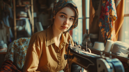closeup portrait of young woman seamstress sitting and sews on sewing machine. Dressmaker work on the sewing machine. Tailor making a garment in her workplace. Hobby sewing as a small business conceptの素材