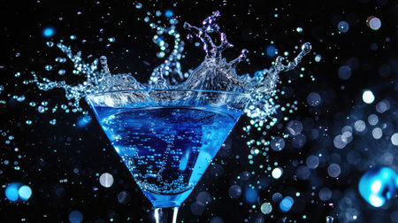 Blue cocktail with splashing water on the black background. Party club entertainment. Mixed lightの素材