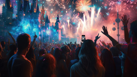 Crowd watching fireworks and celebratingの素材