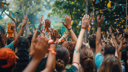 Crowd raising their hands and enjoying great festival party.の素材