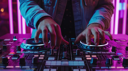 DJ Spinning, Mixing, and Scratching in a Night Club, Hands of dj tweak various track controls on djの素材
