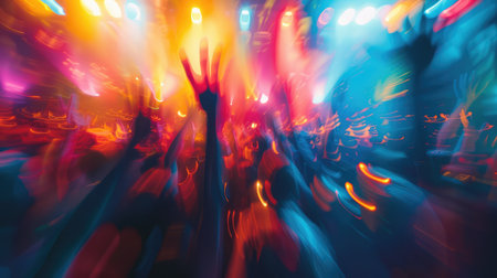 Effects blur Concert disco dj party. People with hands up having funの素材