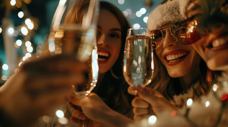 Friends celebrating Christmas or New Year eve party with Bengal lights and rose champagne.の素材