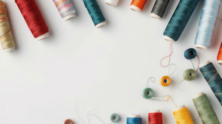 Composition with threads and sewing accessories on white backgroundの素材