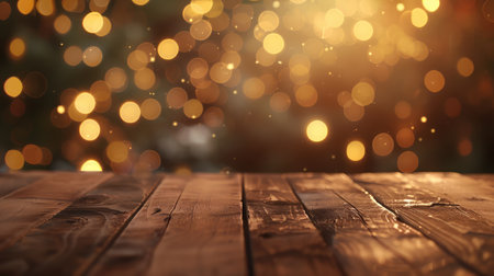 Empty wooden table in front of abstract blurred festive background with light spots and bokeh for product montage display of product.の素材