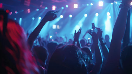 Happy people dance in nightclub light party concert bar and listen to the night music from DJ on the stage in the backgroundの素材
