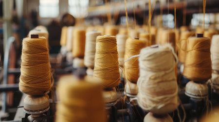 large group of bobbin thread cones on a warping machine in a textile mill.の素材