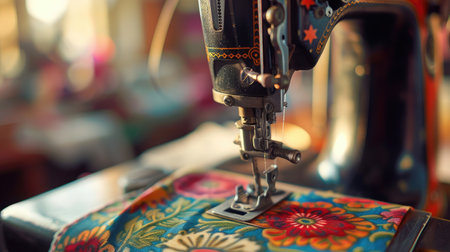 Sewing machine with fabric and thread, closeupの素材