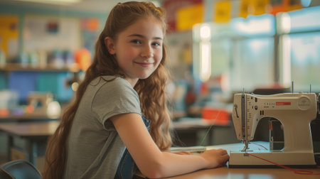 Side view portrait of smiling teenage girl with sewing machine on desk at high schoolの素材