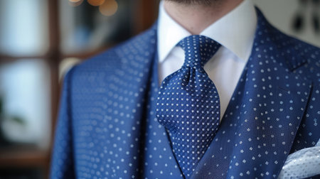 Male arm in blue suit set tie closeup. White collar management job serious move secretary student luxury formal interview executive agent marriage store corporate elegance employment preparationの素材