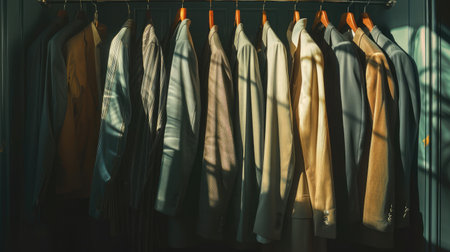 Row of men's suit jackets hanging in closetの素材