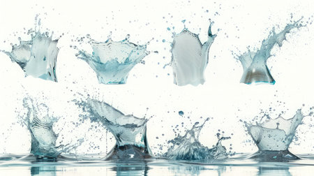 High resolution water splashes collection, isolated on white backgroundの素材