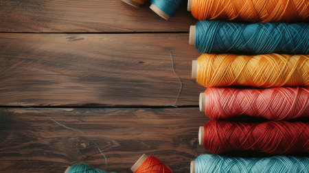 Multicolor sewing threads on wooden backgroundの素材
