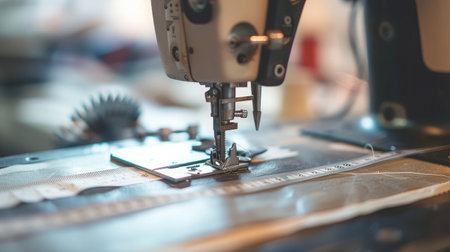 pattern, scissors, tape measure, and a sewing machine. Workplace of seamstress. Dressmaker cuts dress detail on the sketch lines.の素材