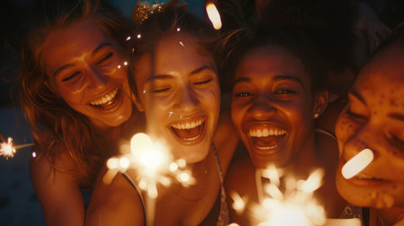 Picture showing group of friends having fun with sparklersの素材