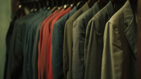 Row of men's suit jackets hanging in closetの素材