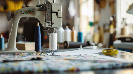 pattern, scissors, tape measure, and a sewing machine. Workplace of seamstress. Dressmaker cuts dress detail on the sketch lines.の素材