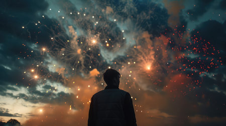 The happy family looks beautiful colorful holiday fireworks in the evening sky with majestic clouds, long exposureの素材