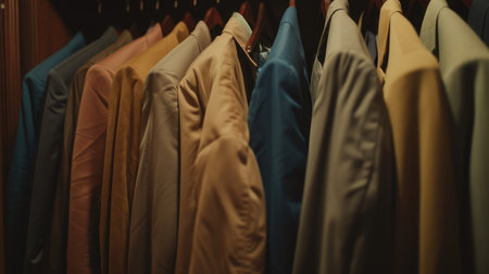 Row of men's suit jackets hanging in closetの素材