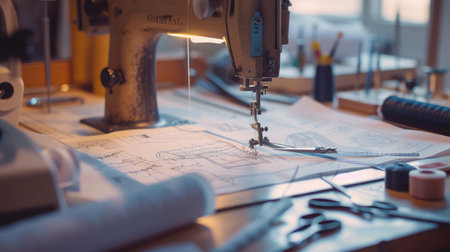 pattern, scissors, tape measure, and a sewing machine. Workplace of seamstress. Dressmaker cuts dress detail on the sketch lines.の素材