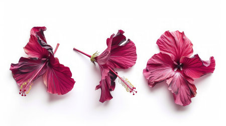 Fresh and dried hibiscus flowers isolated on white backgroundの素材