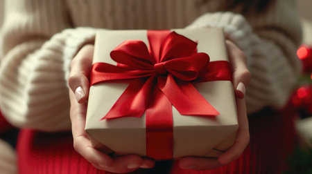 Female hands opening gift box, copy space. Christmas, hew year, birthday concept. Bannerの素材