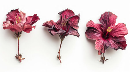 Fresh and dried hibiscus flowers isolated on white backgroundの素材