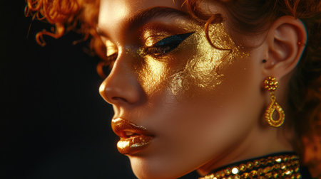 Gold Woman skin. Beauty fashion model girl with Golden make up, hair and jewellery on black background. Gold earrings, ring and necklace. Metallic, glance Fashion art portrait, Hairstyle and make upの素材