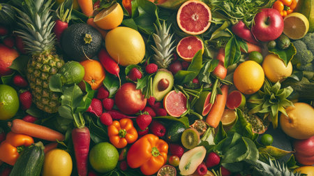 Panoramic wide organic food background concept with full frame pile of fresh vegetables and fruits mix forming bright colorful imageの素材