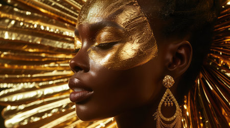 Gold Woman skin. Beauty fashion model girl with Golden make up, hair and jewellery on black background. Gold earrings, ring and necklace. Metallic, glance Fashion art portrait, Hairstyle and make upの素材
