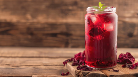 Iced hibiscus tea also known as Flor de Jamaica on wooden table against plain backgroundの素材