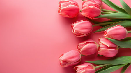 Pink tulips flowers on pink background. Waiting for spring. Happy Easter card. Flat lay, top viewの素材