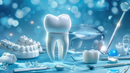 White healthy tooth, different tools for dental care. Dental backgroundの素材