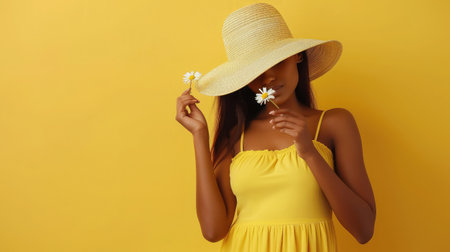 beautiful attractive stylish woman in yellow dress and straw hat holding daisy flower romantic mood posing on yellow background isolated in love summer fashion trend style, natural lookの素材