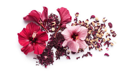 Hibiscus tea, flower and dry blossom isolated on white backgroundの素材