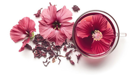 Hibiscus tea, flower and dry blossom isolated on white backgroundの素材