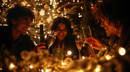 Friends celebrating Christmas or New Year eve party with Bengal lights and rose champagne.の素材