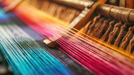 From above closeup of full frame parallel colorful threads during weaving process in selective focusの素材
