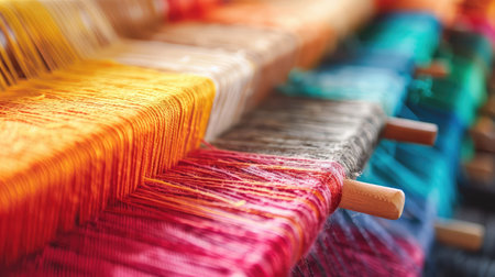 From above closeup of full frame parallel colorful threads during weaving process in selective focusの素材