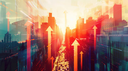 Abstract city with upward arrows and daylight. Double exposure. Finance conceptの素材