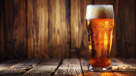 Glass beer on wood background with copyspaceの素材