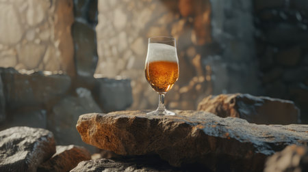 Beer into glass on a old stoneの素材