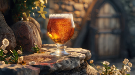 Beer into glass on a old stoneの素材