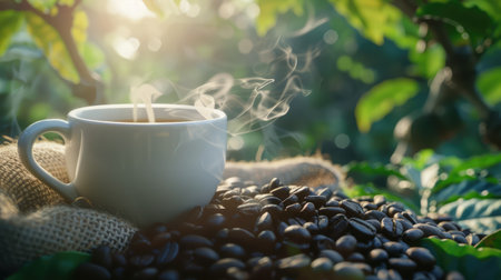 Cup of coffee with smoke and coffee beans in burlap sack on coffee tree backgroundの素材