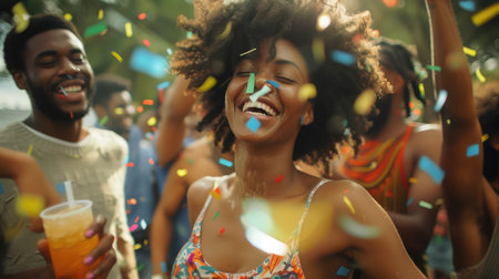 Diverse young people dancing and drinking at a summer festival. Happy friends creating lasting memories in an atmosphere brimming with positivity. This photo has intentional use of 35mm film grainの素材